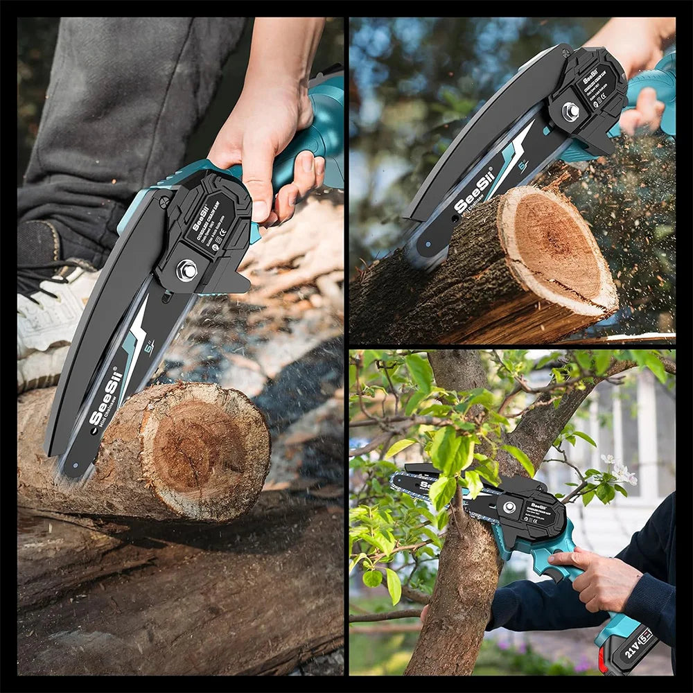 Seesii Handheld Electric Power Chain Saw 6-inch Mini Chainsaw Cordless Tools for Garden Tree Trimming Wood Cutting Best Gifts