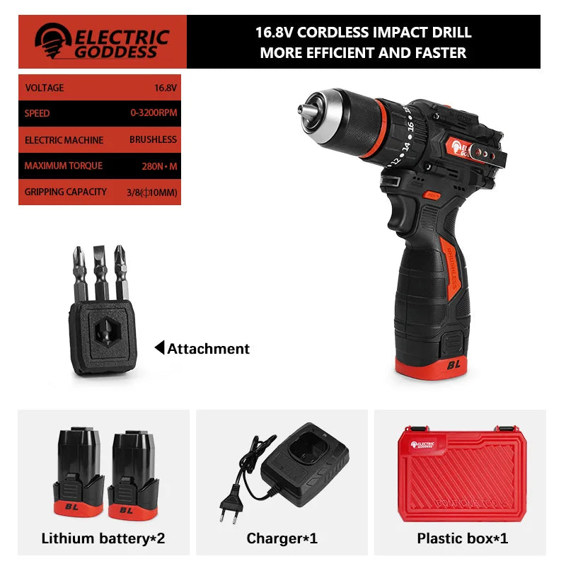 280NM 16.8V Brushless Electric Drill Cordless Screwdriver Electric Drill Battery Set Household Multi-functional DIY Power Tools