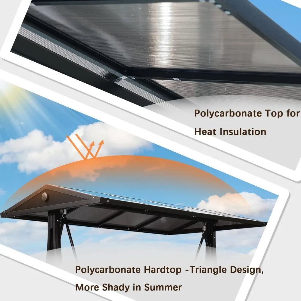 Outdoor Porch Swing with Polycarbonate Hardtop,  3 Seat Patio Swing with Convertible Backrest,  2 Side Cup Holder