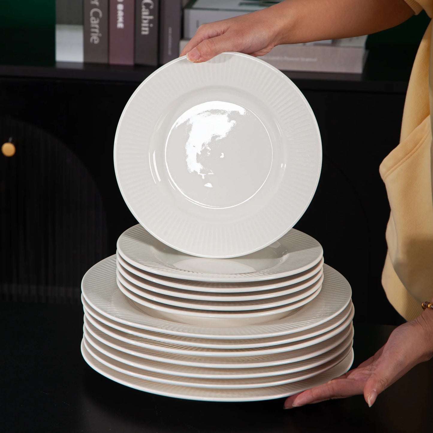 QOMO 24/36/48 Piece White Porcelain Dinnerware Set with Dessert Plate,Dinner Plate,Cup,Bowl Tableware Set