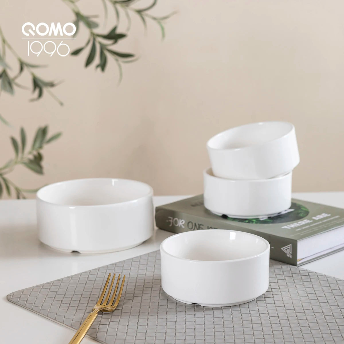 QOMO 16-Piece Dinnerware Set, Dishes Set with Bowls and Plates,  Service for 4, White