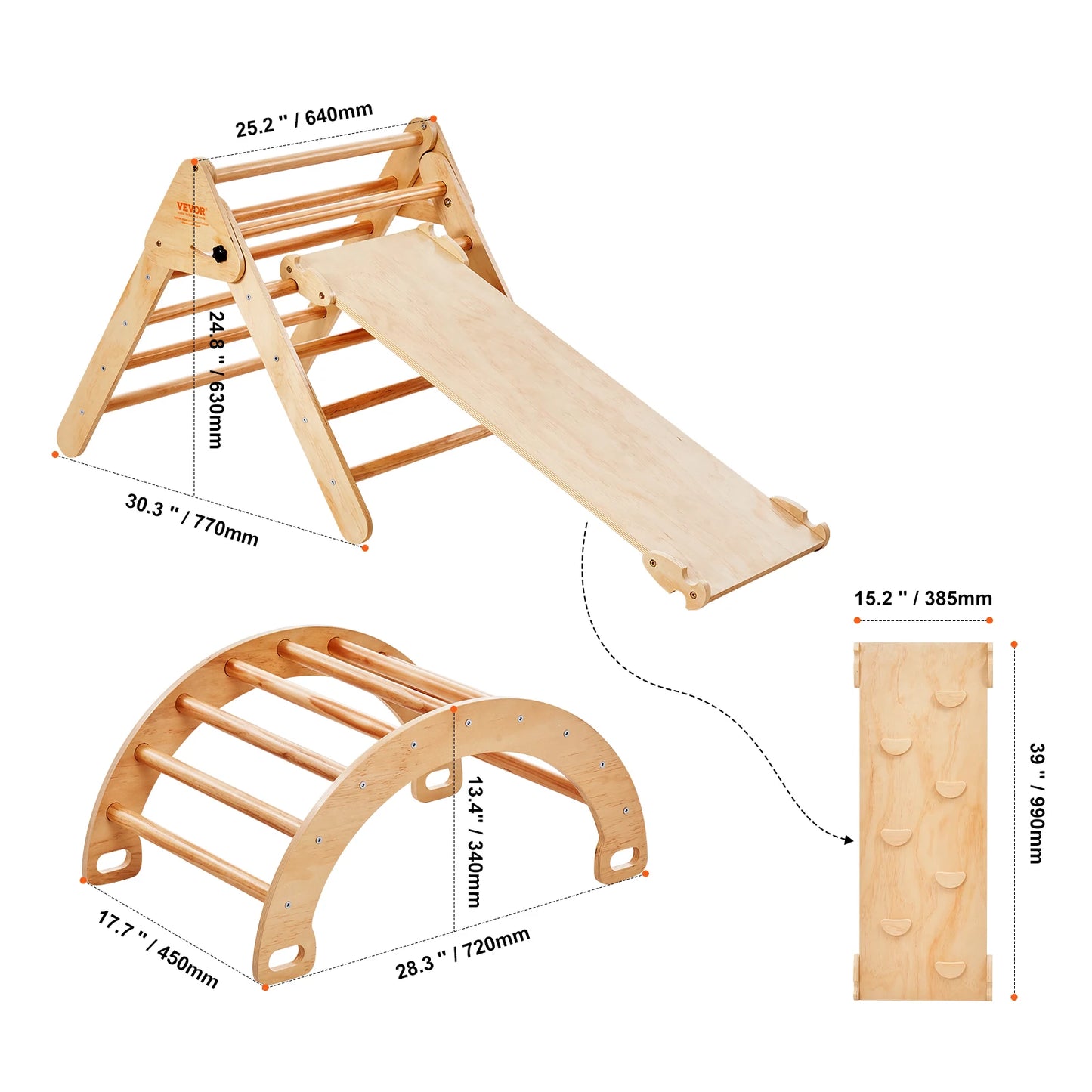 VEVOR Pikler Triangle Set 5 in 1 Toddler Climbing Toys Indoor Playground for Toddlers 1-3 Years Large Size Wooden Climbing Set