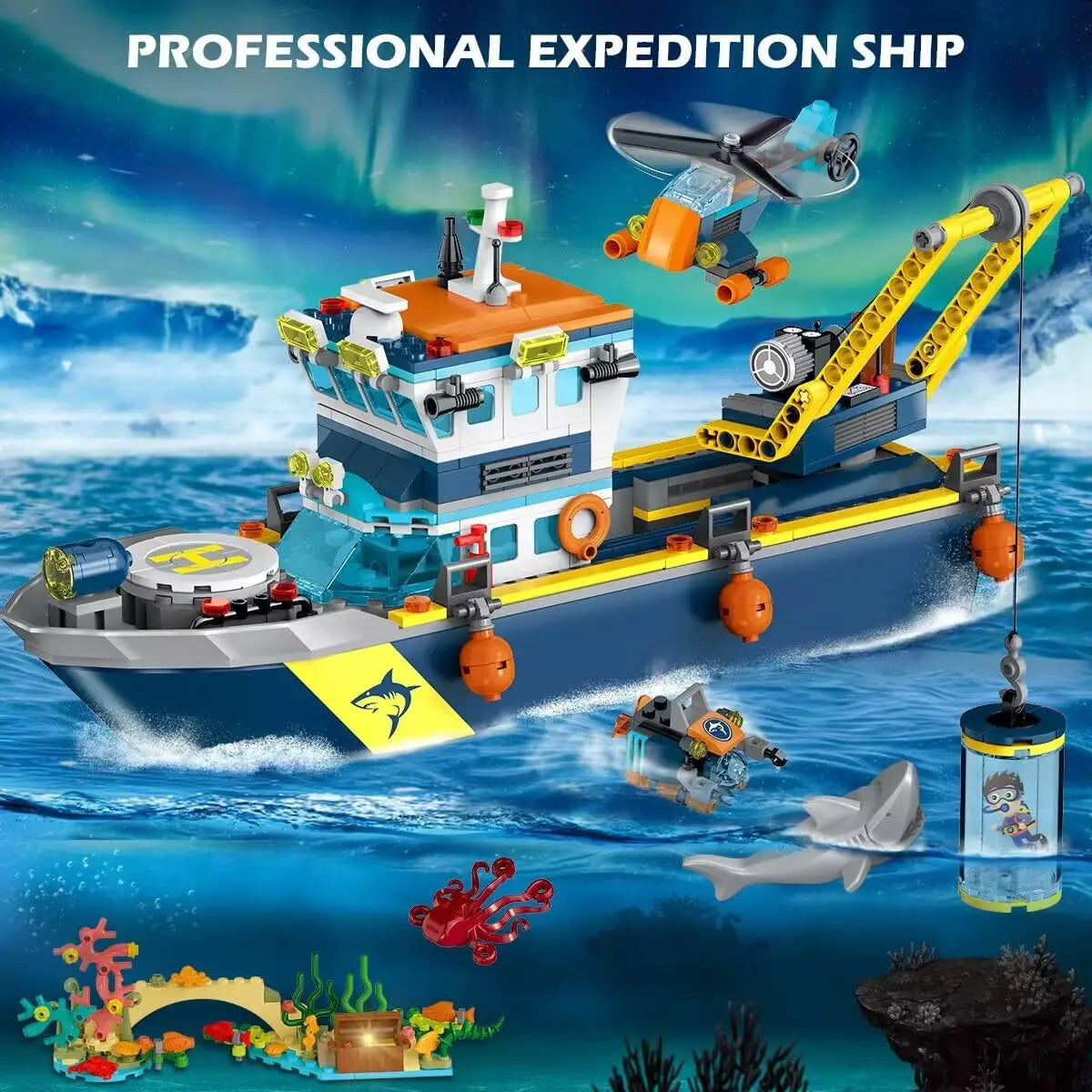 HOGOKIDS Arctic Explorer Technic Ship Building Block Set with LED Light  Ocean Exploration Helicopter Sub Shark for Kids Ages 6+