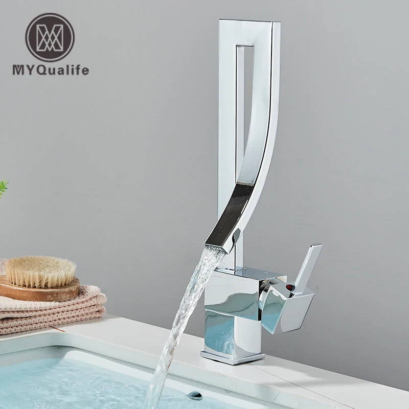 MYQualife Brass Deck Mounted Basin Faucet Single Hole Hot Cold Water Mixer Tap