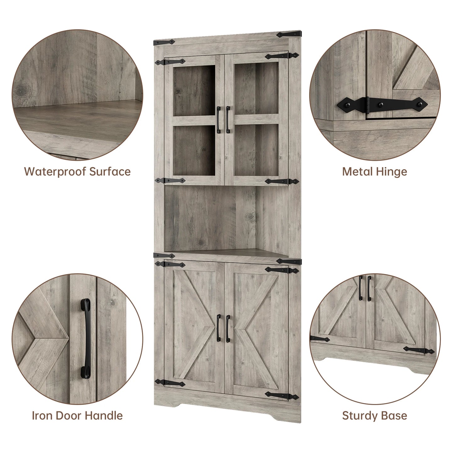 Farmhouse Corner Cabinet, Tall Corner Cabinet with Barn Door & Adjustable Shelves, Corner Storage Cabinet for Living Room