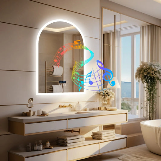 60x90cm Arched LED Bathroom Mirror Backlit Bluetooth Date Time Touch Antifog