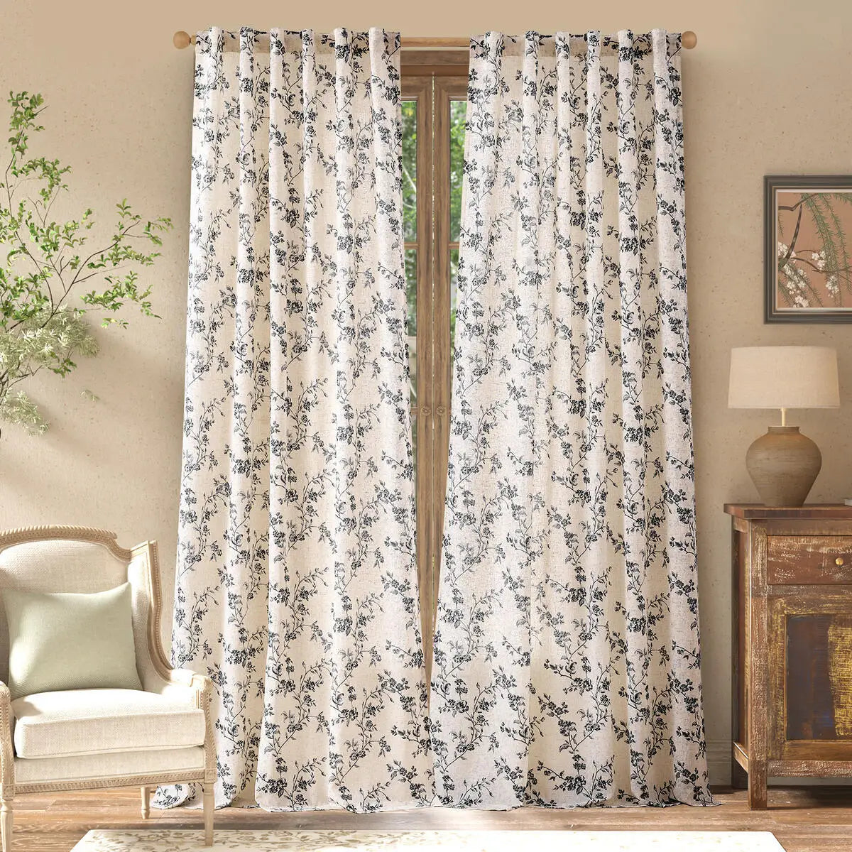 JINCHAN 2 Panels Linen Curtains For Living Room Bedroom French Country Farmhouse Flower Patterned Drapes Back Tab Window Curtain
