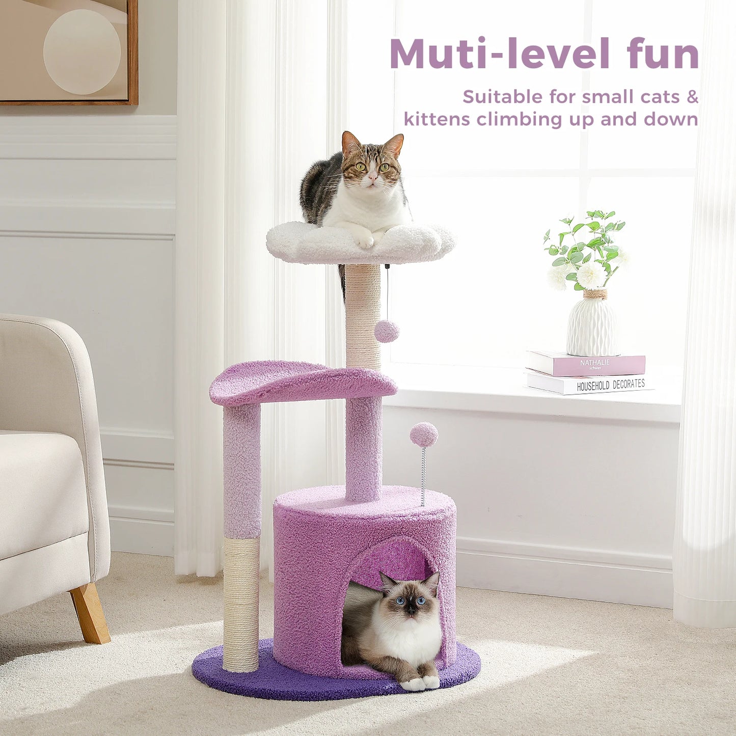 Cactus Cat Tree with Curved Perch Cozy Cat Condo Small Cat Tower with Removable Top Bed Cat Scratching Post for Indoor Cat Toys
