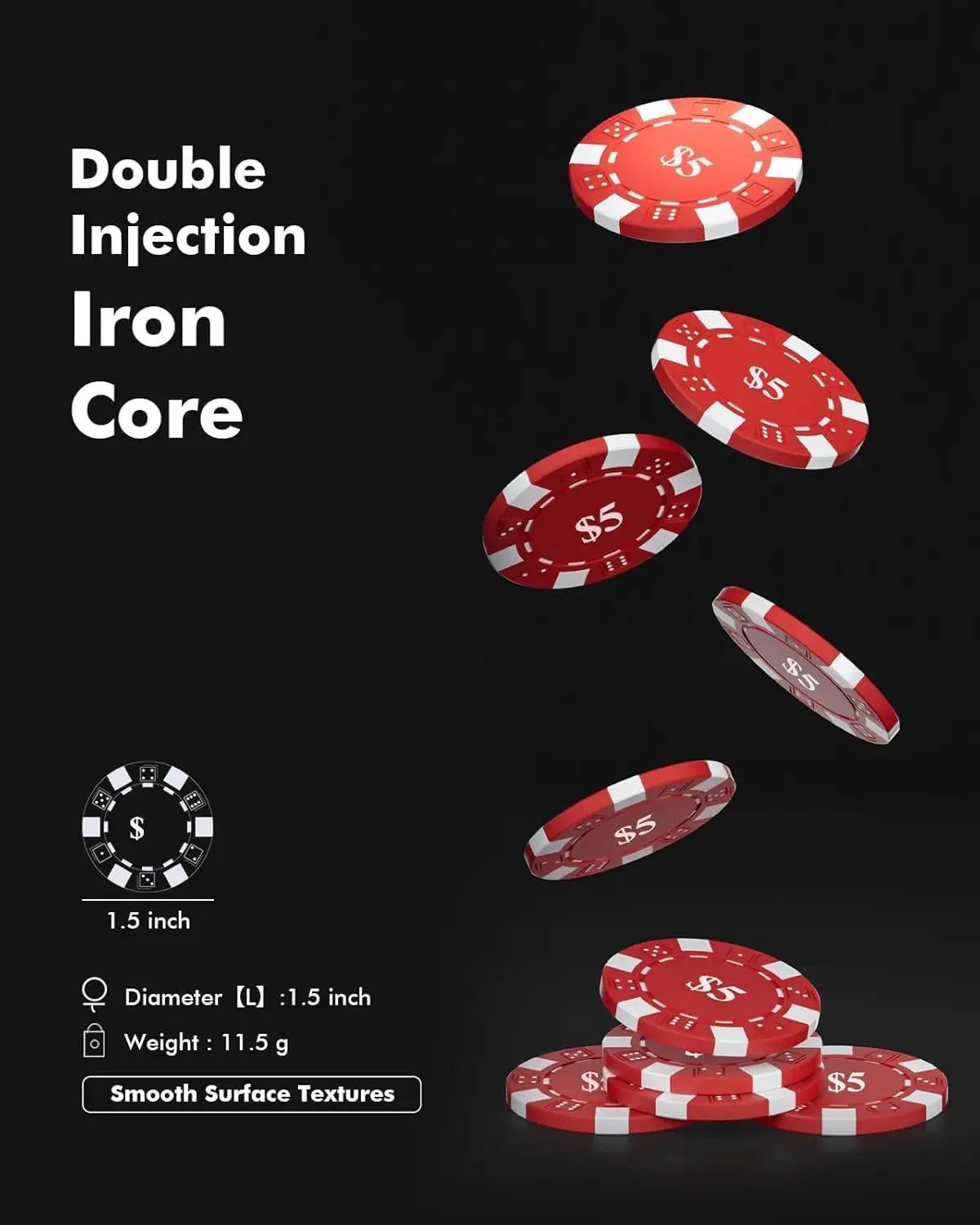 HEITOK 300pcs 11.5g Premium Casino Poker Chips Set with Denominations from $1 to $500 in Aluminum Case for Blackjack and Casino