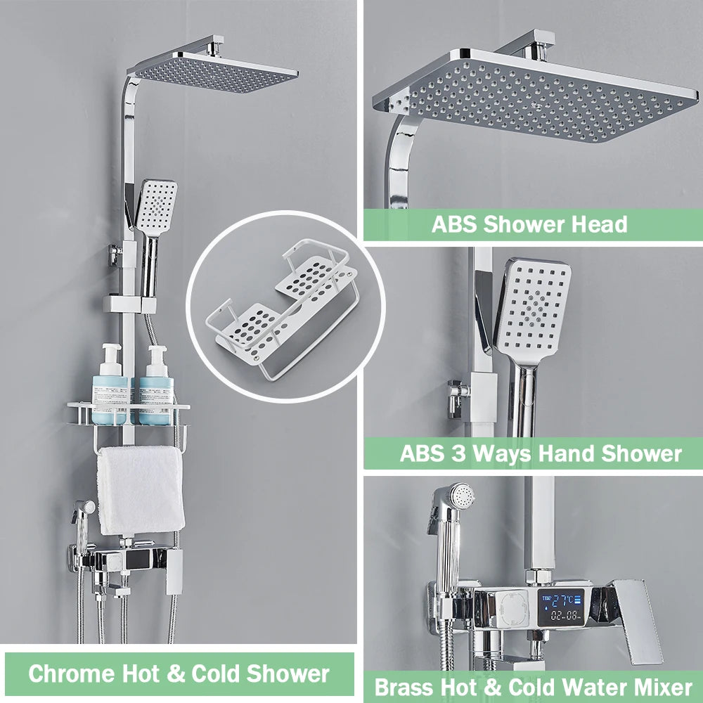Rozin Black Smart Thermostatic Shower Faucet Set With Digital Mixer Rainfall