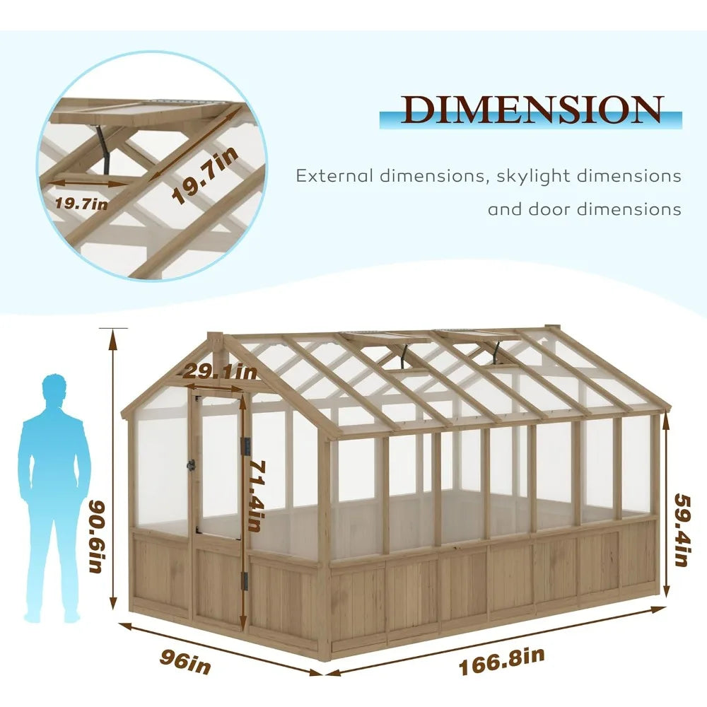 8' x 14' Wooden Greenhouse for Outdoor, Heavy Duty Green House with Ventilated Window and Lockable Door, Walk-in Greenhouse