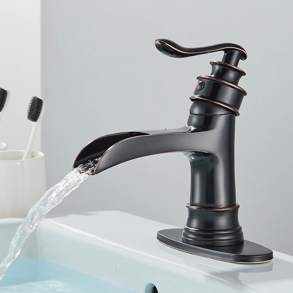 Oil Rubbed Bronze Waterfall Bathroom Faucet Single Handle Lavatory Mixer