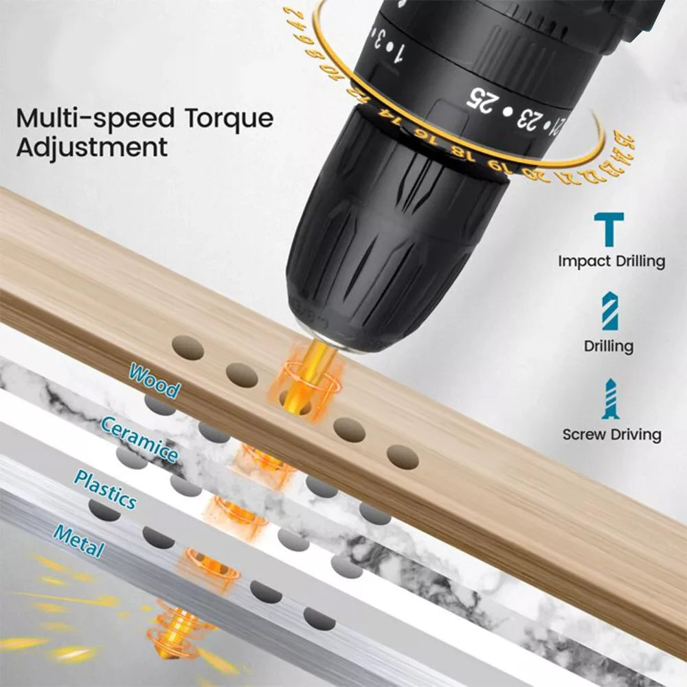 21V Cordless Impact Drill Driver Set Charger Included Electric Screwdriver Tool Kit 3 Variable Speeds 25+1 Torque Settings