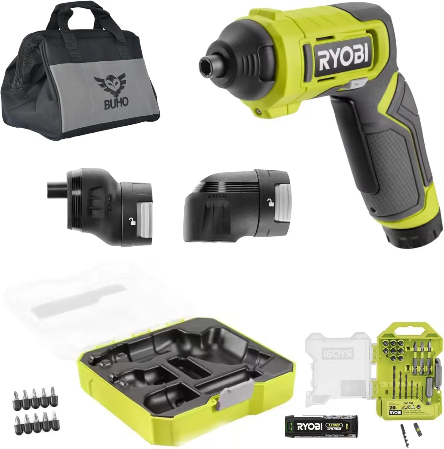 Power Screwdriver Accessory Bundle - USB Lithium Multi-Head Ryobi Screwdriver 2 Ah Battery Drill Bit Set Charging Cable Tool Bag