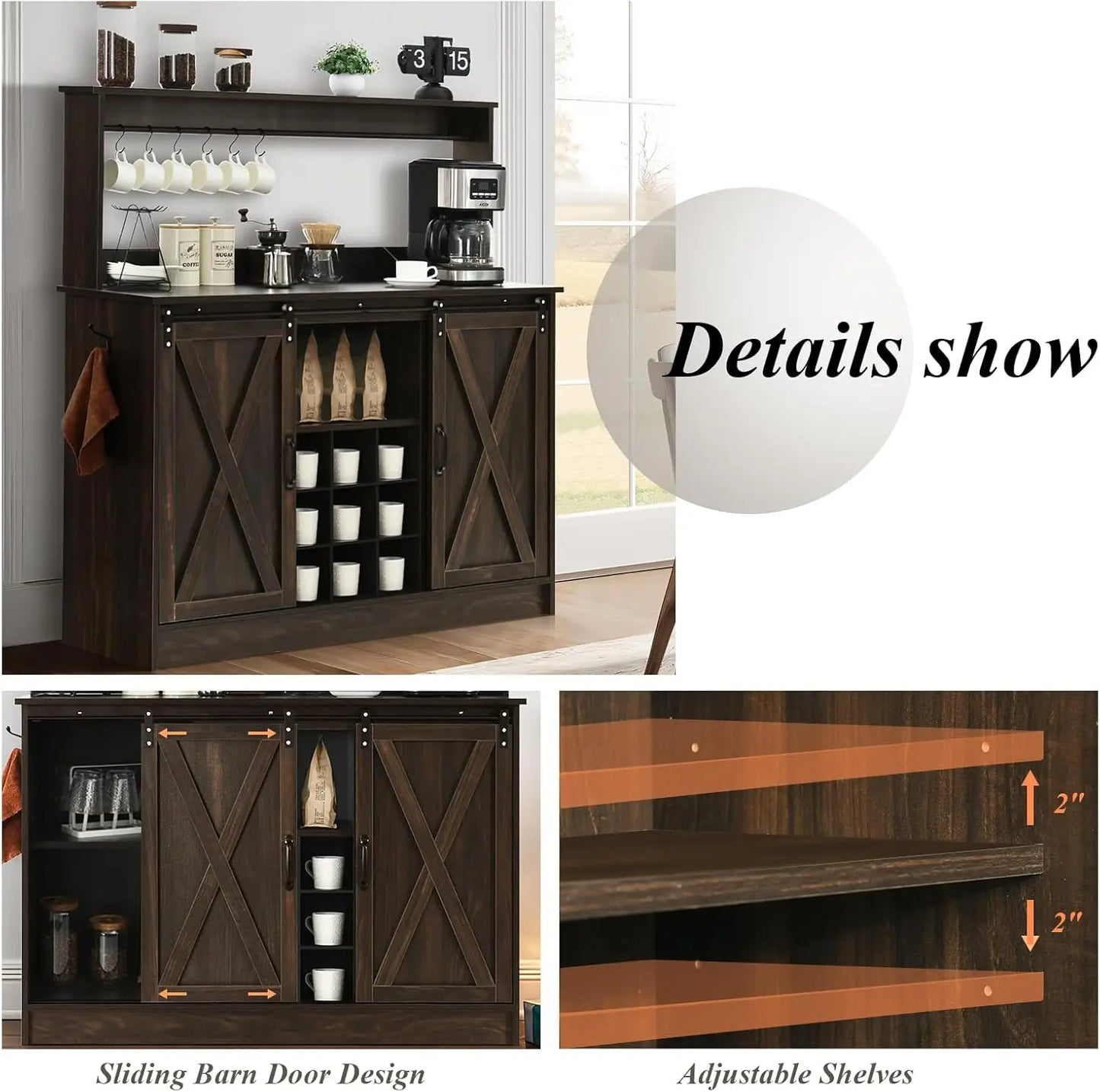 Farmhouse Coffee Bar Cabinet with  Hooks Liquor Wine Bar  Racks Kitchen Buffet Storage Adjustable Shelves for Living Dining Room