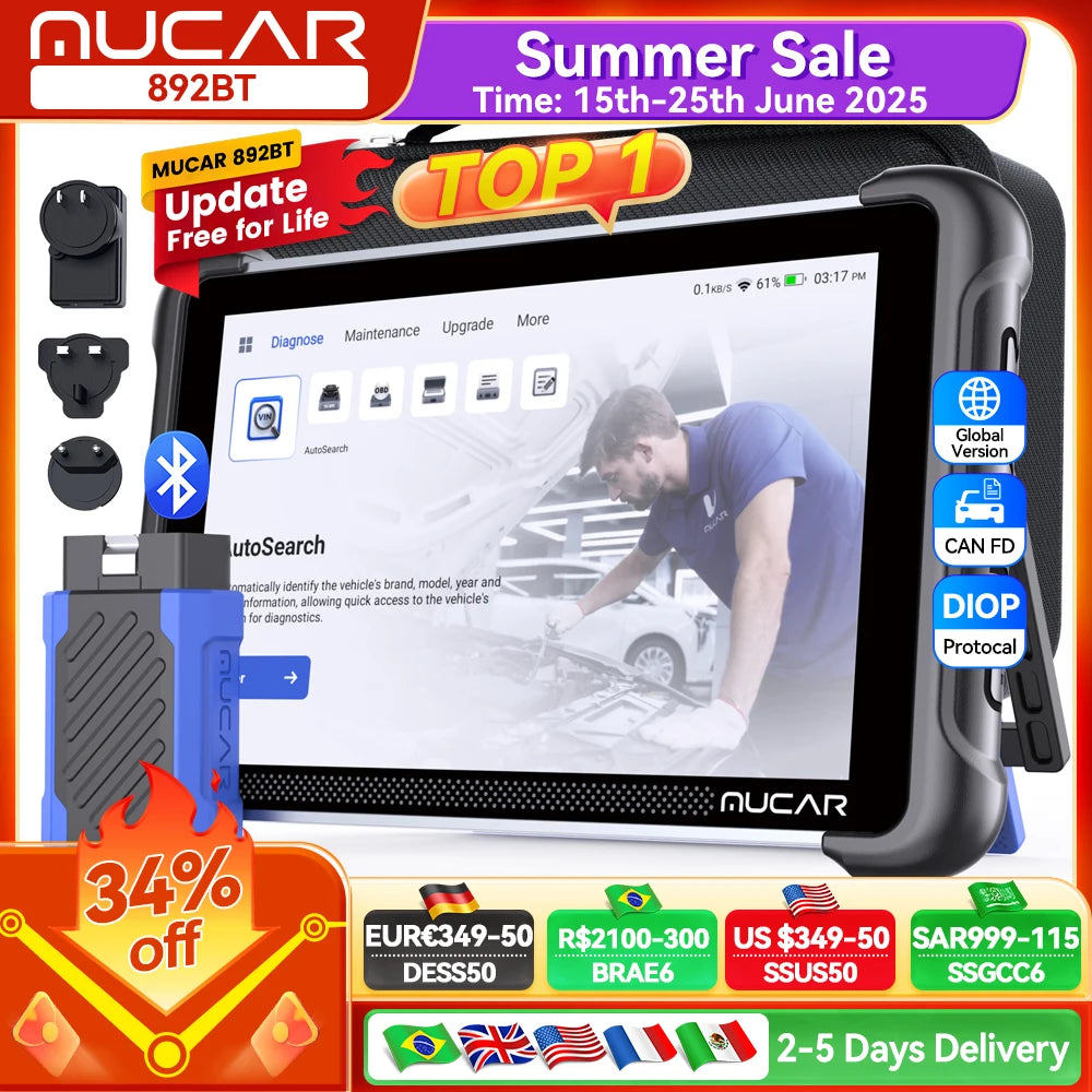 Lifetime Free Update MUCAR 892BT OBD2 Scanner CANFD&DOIP Bi-directional Diagnostic Tool Full System 34 Reset ECU Coding