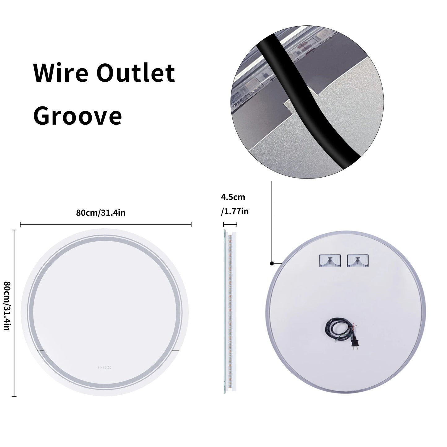 LED Round Wall Mirror 600 800 900mm Front Light Backlit 3 Color