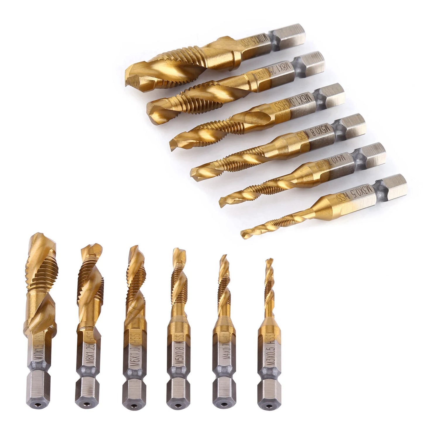 Screw Taps Tool Set Metric Thread M3-M10 Titanium Coated HSS Drill and Tap Bits 1/4" Hex Shank Drill and Tap Bit Thread Tap