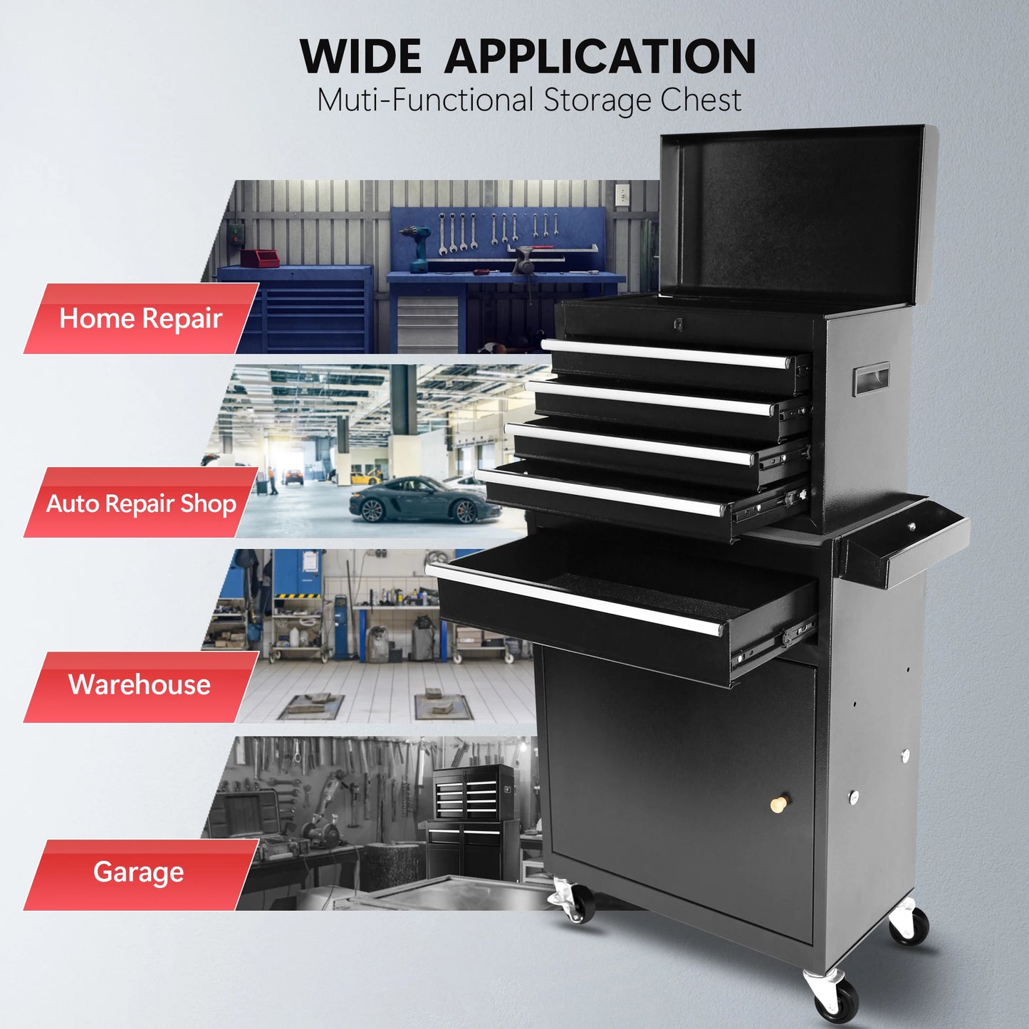 Rolling Garage Workshop Organizer Detachable 5 Drawer Tool Chest With Large Storage Cabinet And Adjustable Shelf