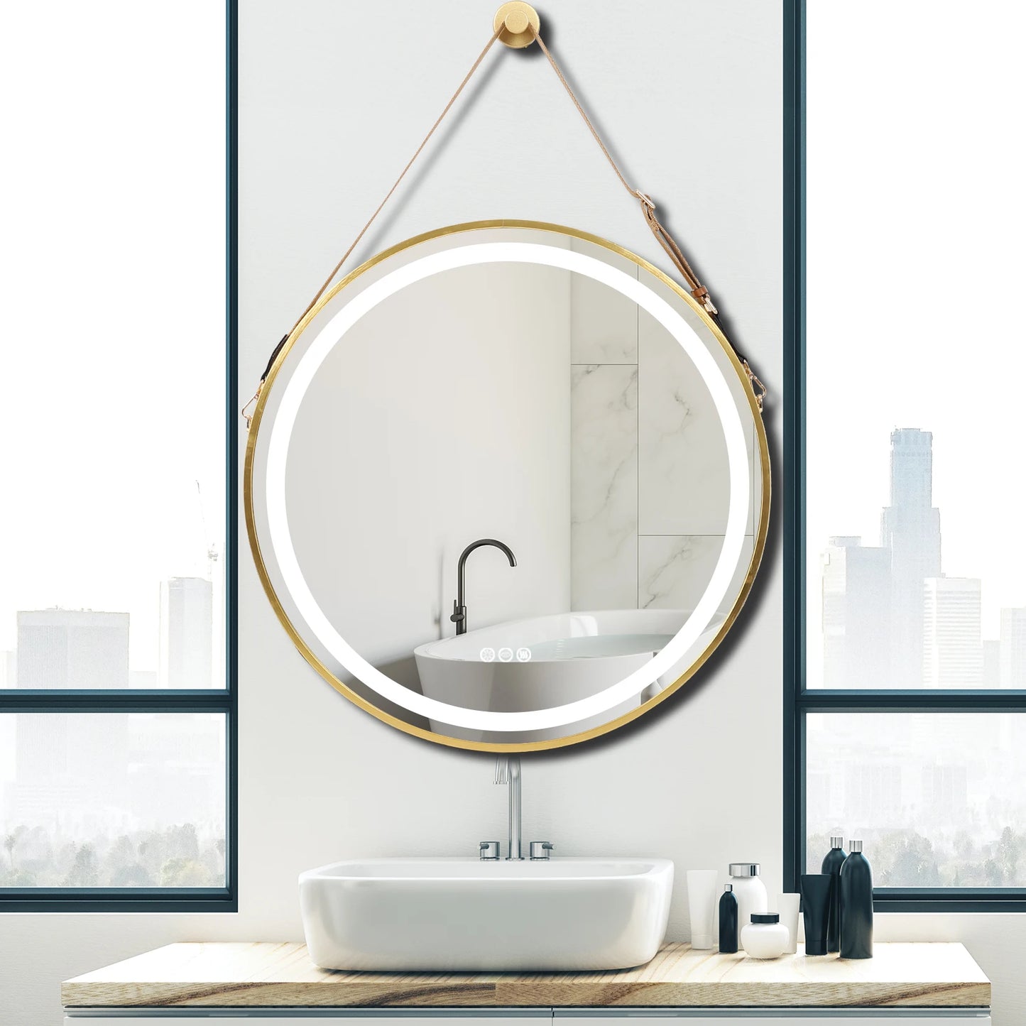 Wisfor Frame Round Mirror,Round Bathroom Mirror with Light,Wall Mounted Lighted Vanity Mirror, Anti-Fog & Dimmable Touch Switch