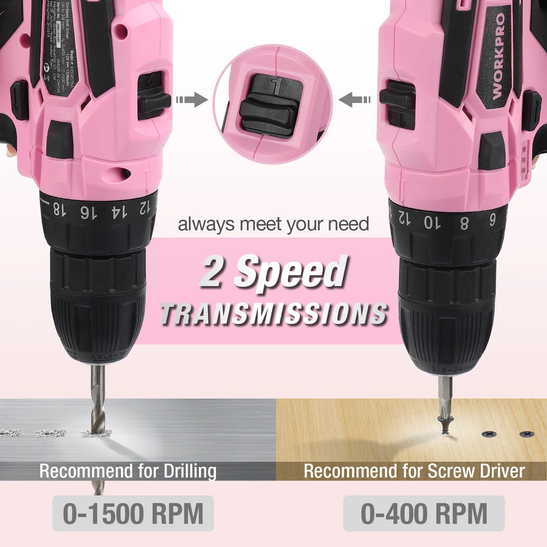 WORKPRO Pink Cordless Drill Driver Set, 12V Electric Screwdriver Driver Tool Kit, 3/8" Keyless Chuck
