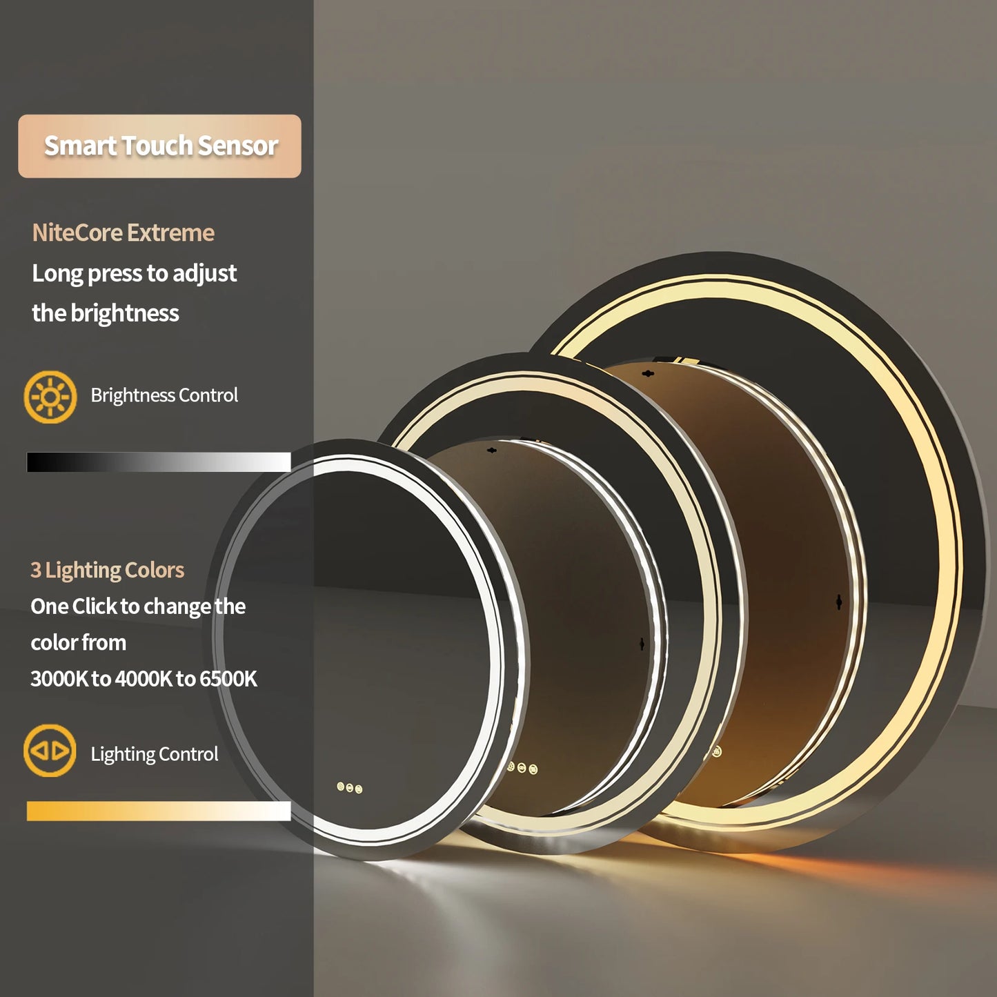 LED Round Bathroom Wall Mirror 600 800 900mm Front Light Backlit Vanity 3 Color