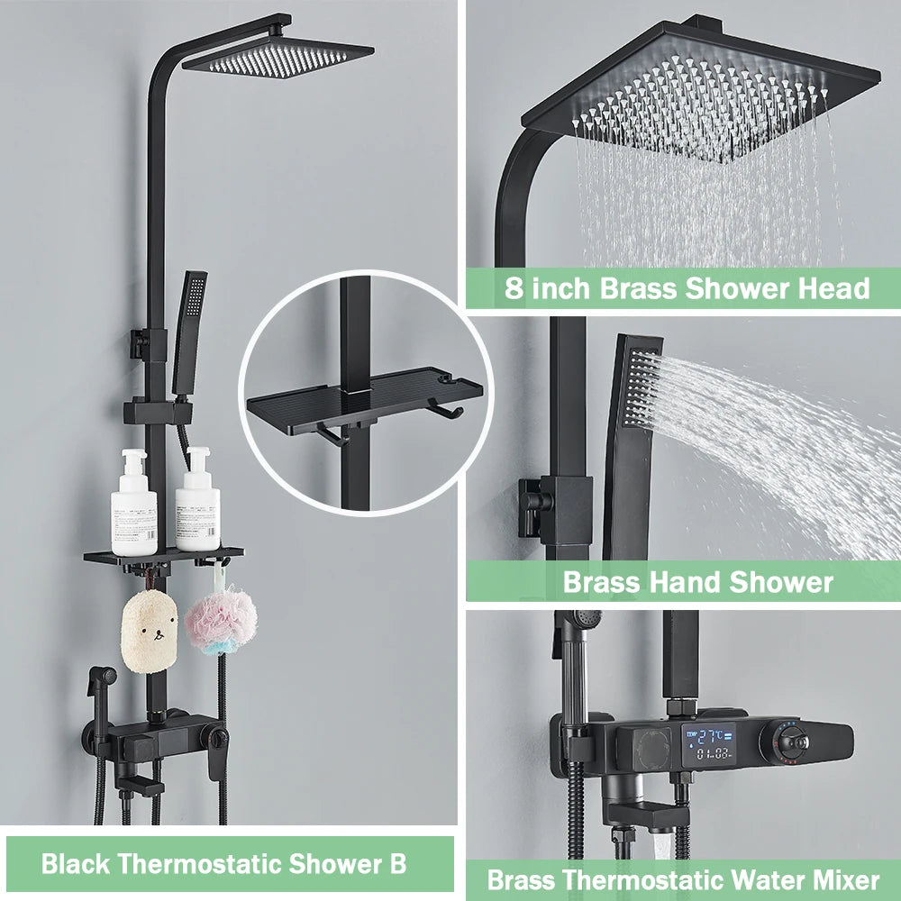 Rozin Black Smart Thermostatic Shower Faucet Set With Digital Mixer Rainfall