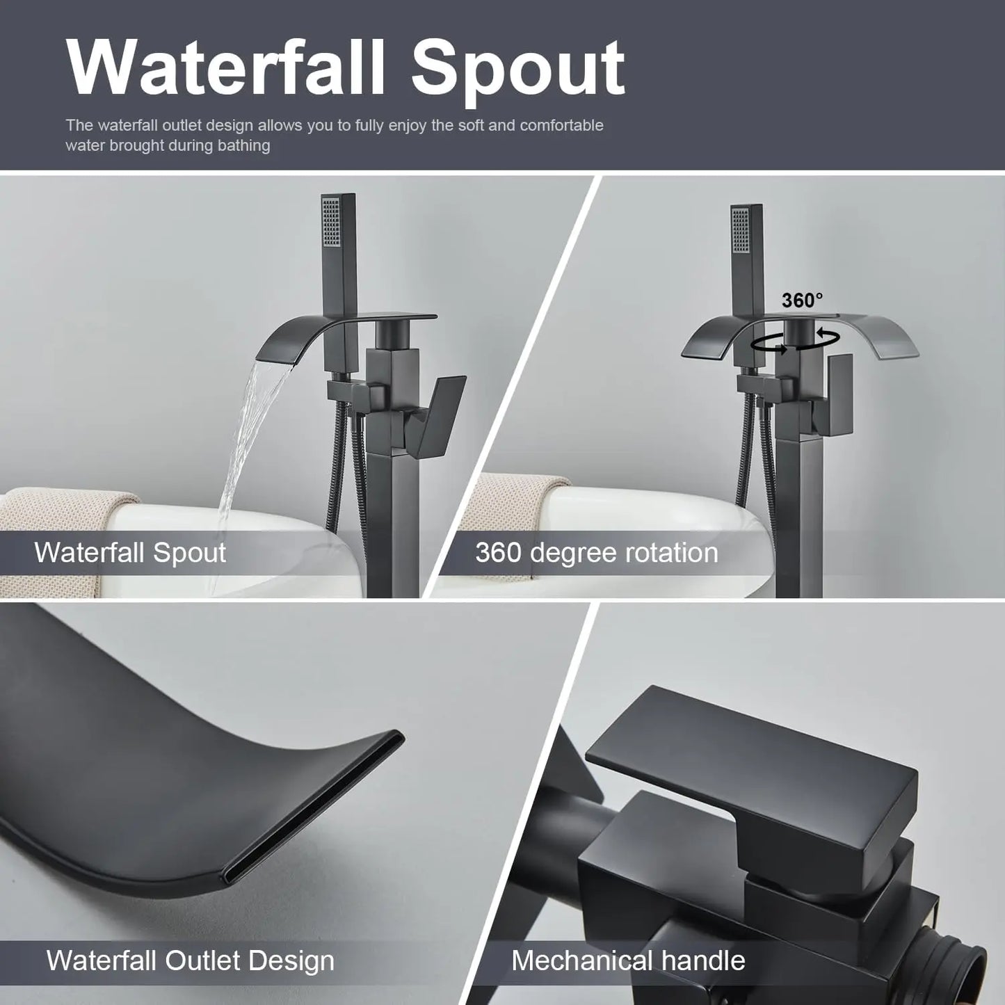 Black Waterfall Free Standing Tub Faucet With Hand Shower Brass Bathroom Faucets