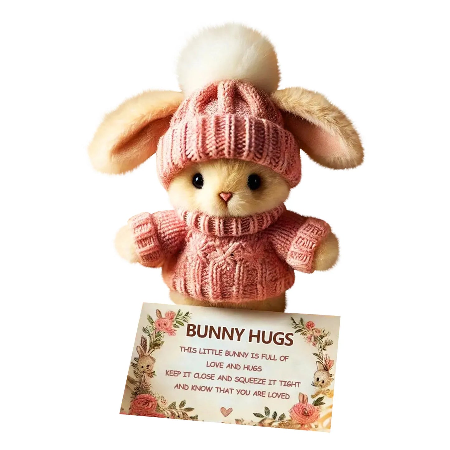 Mini Bunny Hug Doll Easter With Knitted Hat Plush Stuffed Rabbit Doll Emotional Support Animal With Gift Box Inspirational Card