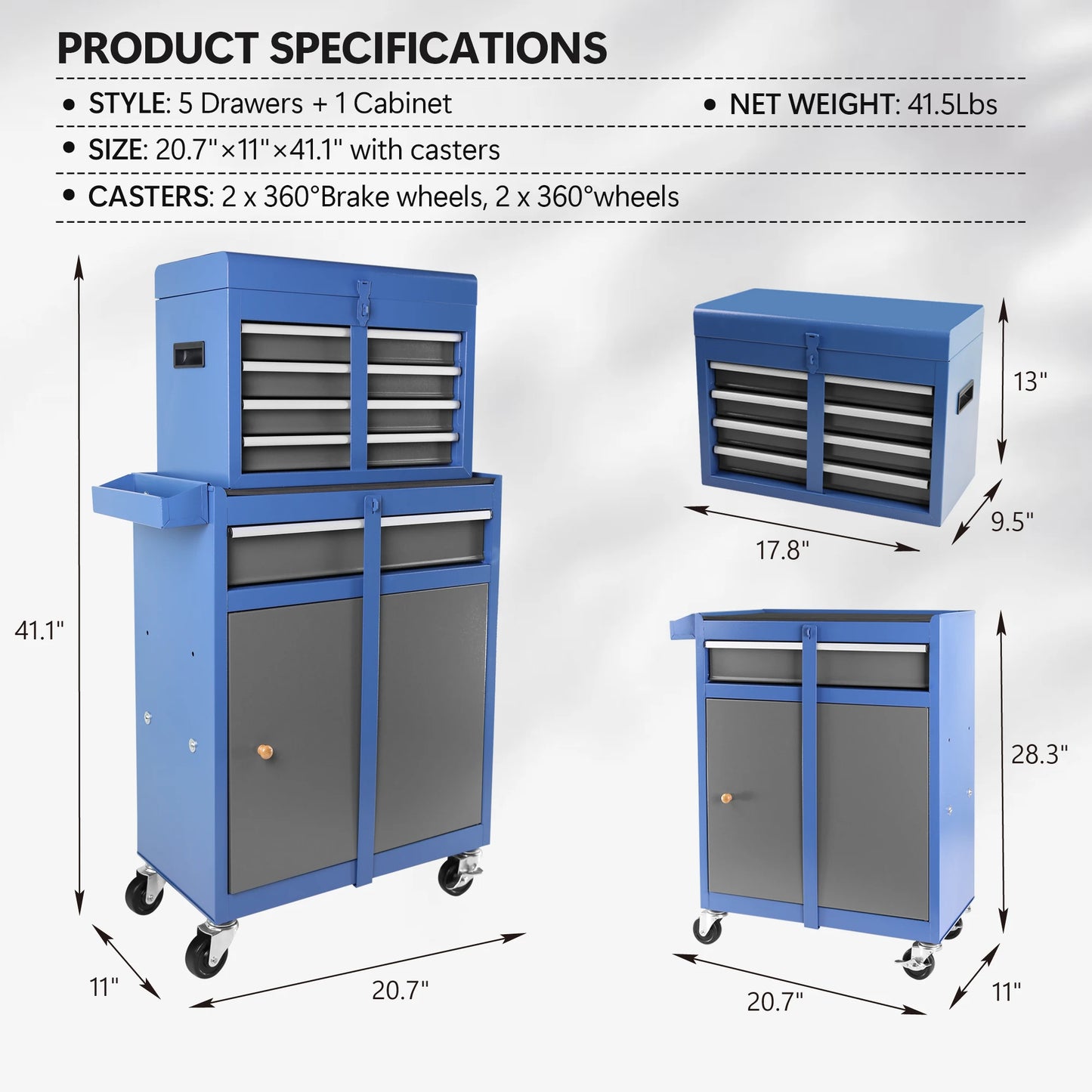 Rolling Garage Workshop Organizer Detachable 5 Drawer Tool Chest With Large Storage Cabinet And Adjustable Shelf