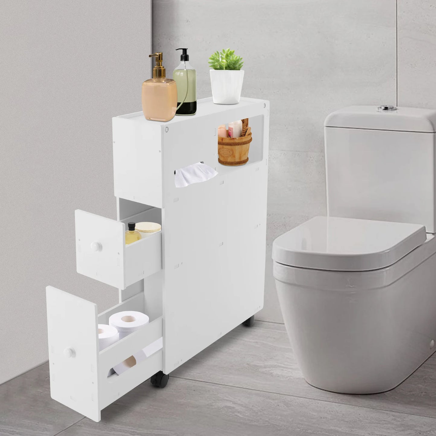 Bathroom Narrow Floor Storage Cabinet With Drawers 50Kg Load Bearing