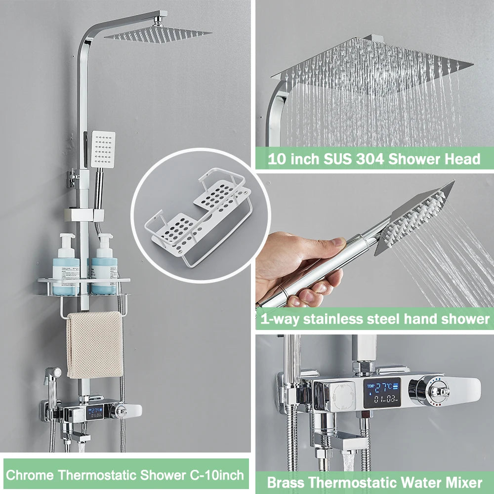 Rozin Black Smart Thermostatic Shower Faucet Set With Digital Mixer Rainfall