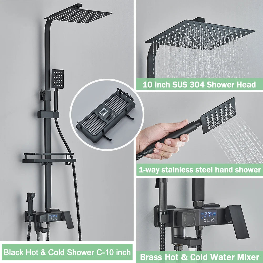 Rozin Black Smart Thermostatic Shower Faucet Set With Digital Mixer Rainfall