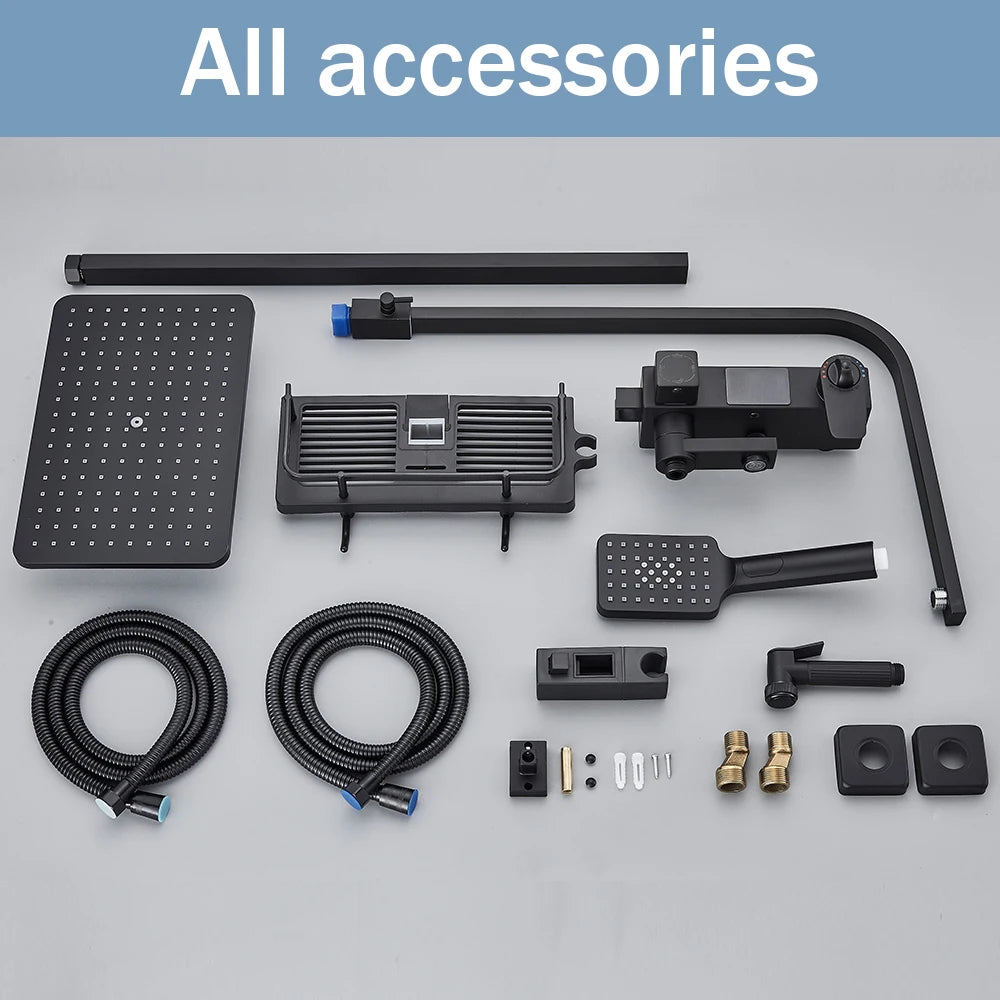 Rozin Black Smart Thermostatic Shower Faucet Set With Digital Mixer Rainfall