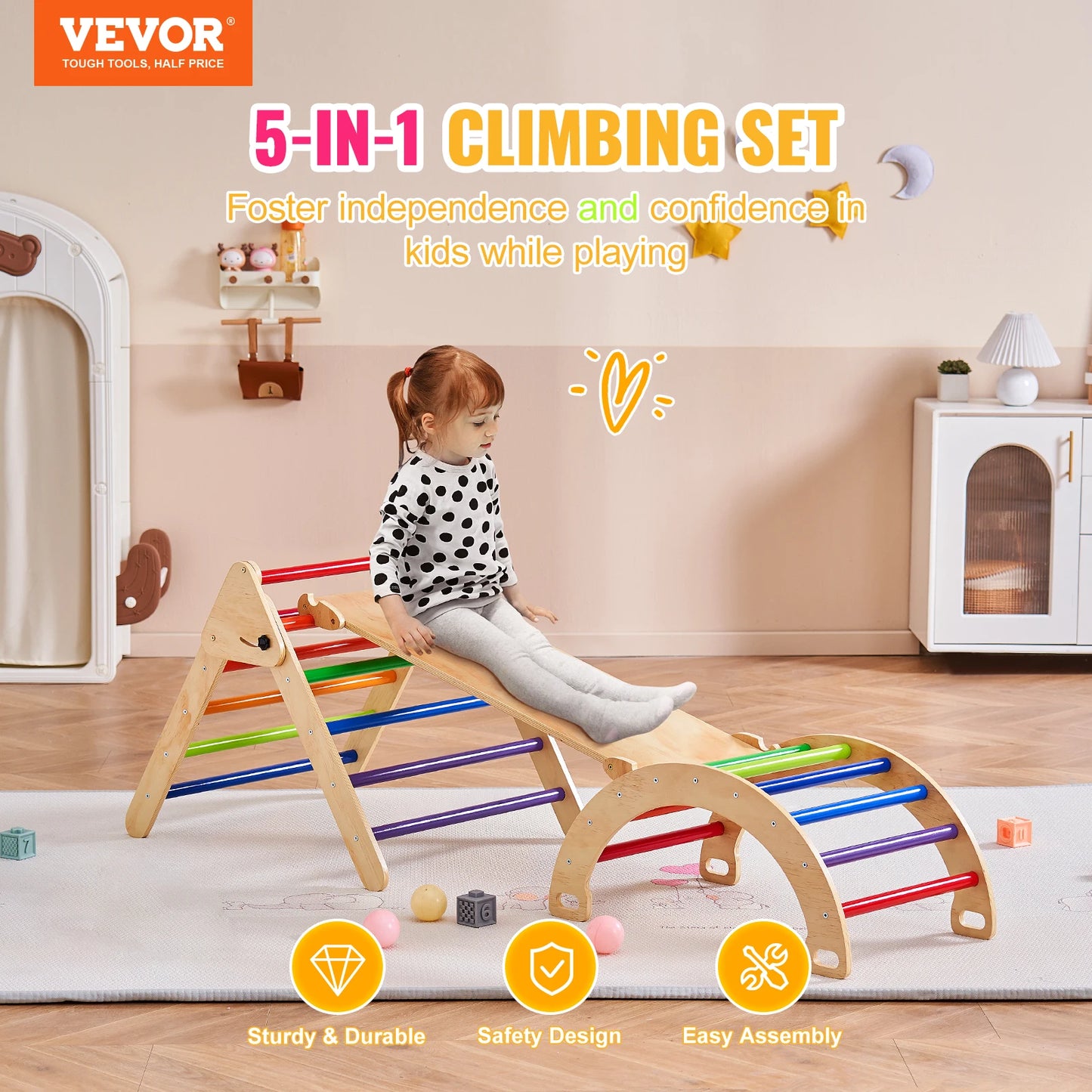 VEVOR Pikler Triangle Set 5 in 1 Toddler Climbing Toys Indoor Playground for Toddlers 1-3 Years Large Size Wooden Climbing Set