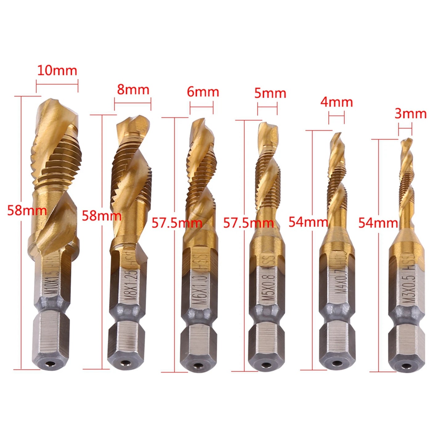 Screw Taps Tool Set Metric Thread M3-M10 Titanium Coated HSS Drill and Tap Bits 1/4" Hex Shank Drill and Tap Bit Thread Tap