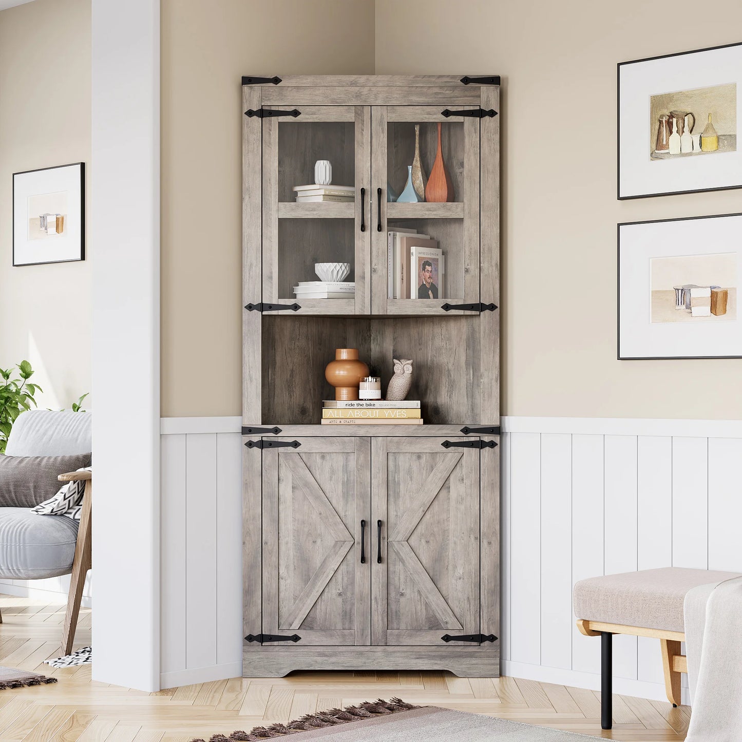 Farmhouse Corner Cabinet, Tall Corner Cabinet with Barn Door & Adjustable Shelves, Corner Storage Cabinet for Living Room