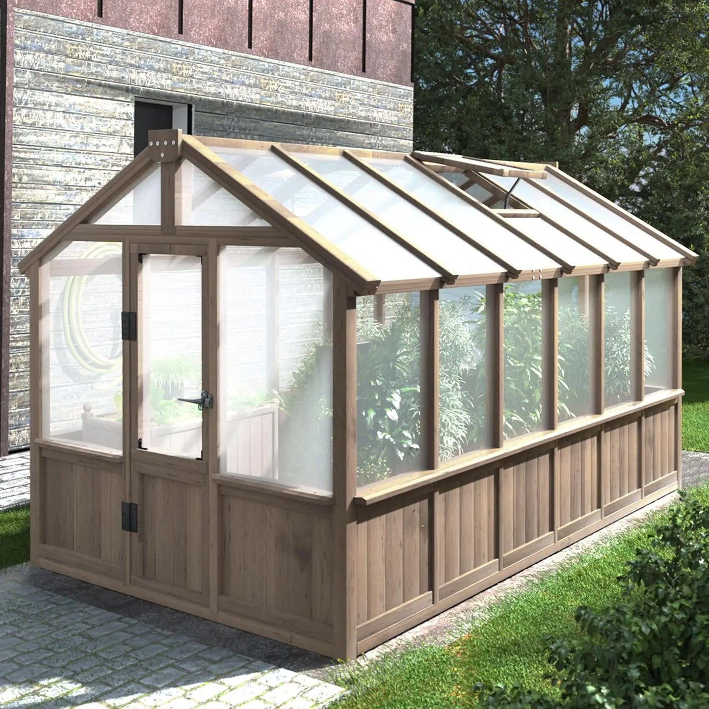 8' x 14' Wooden Greenhouse for Outdoor, Heavy Duty Green House with Ventilated Window and Lockable Door, Walk-in Greenhouse
