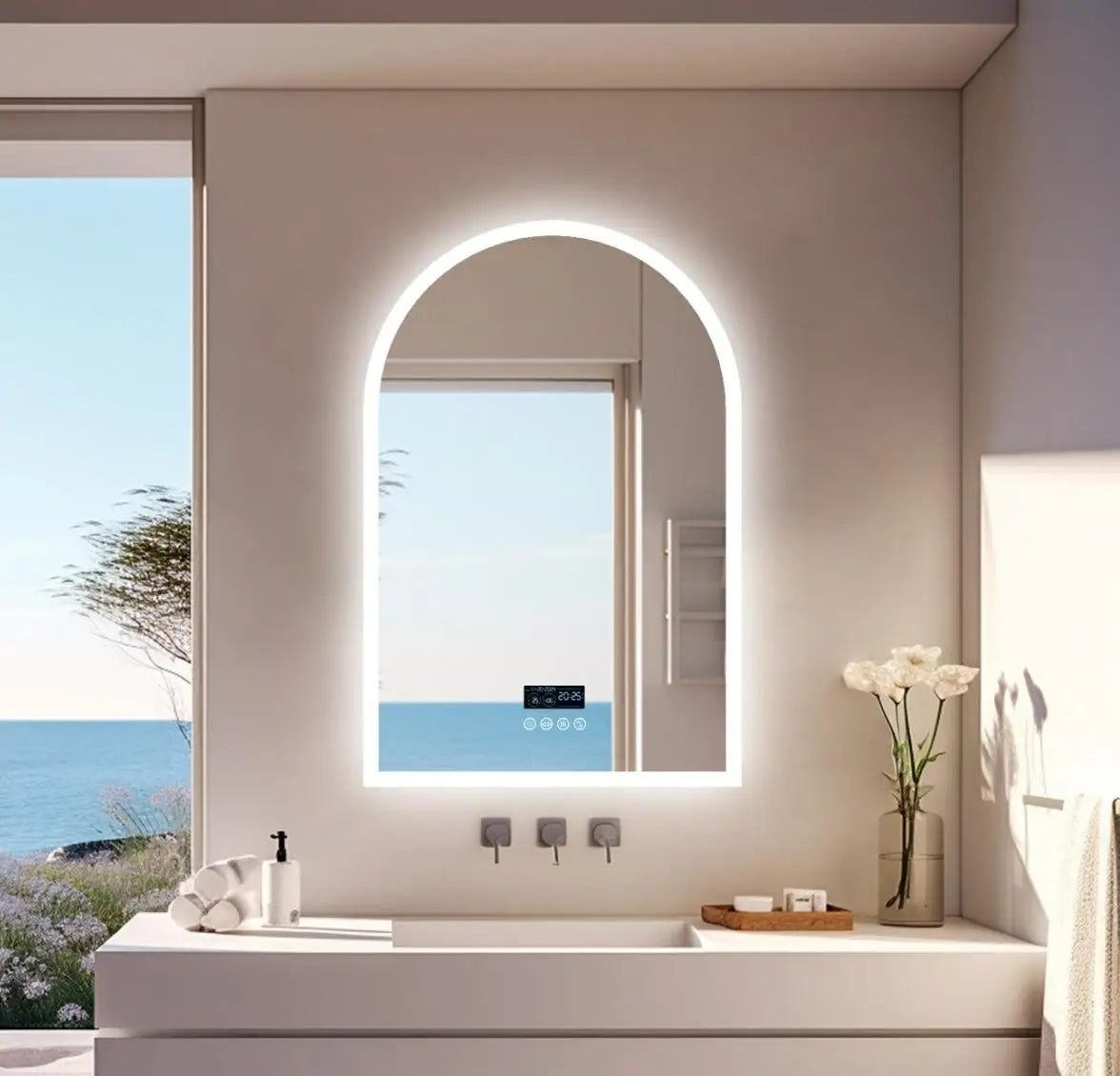 60x90cm Arched LED Bathroom Mirror Backlit Bluetooth Date Time Touch Antifog