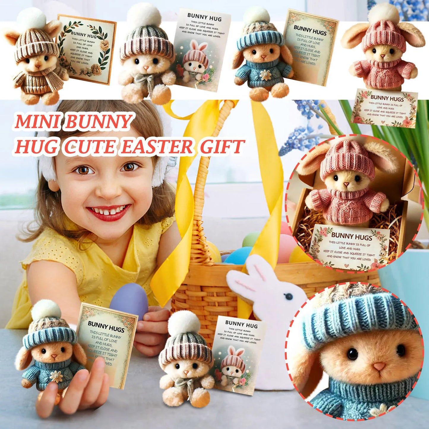 Mini Bunny Hug Doll Easter With Knitted Hat Plush Stuffed Rabbit Doll Emotional Support Animal With Gift Box Inspirational Card