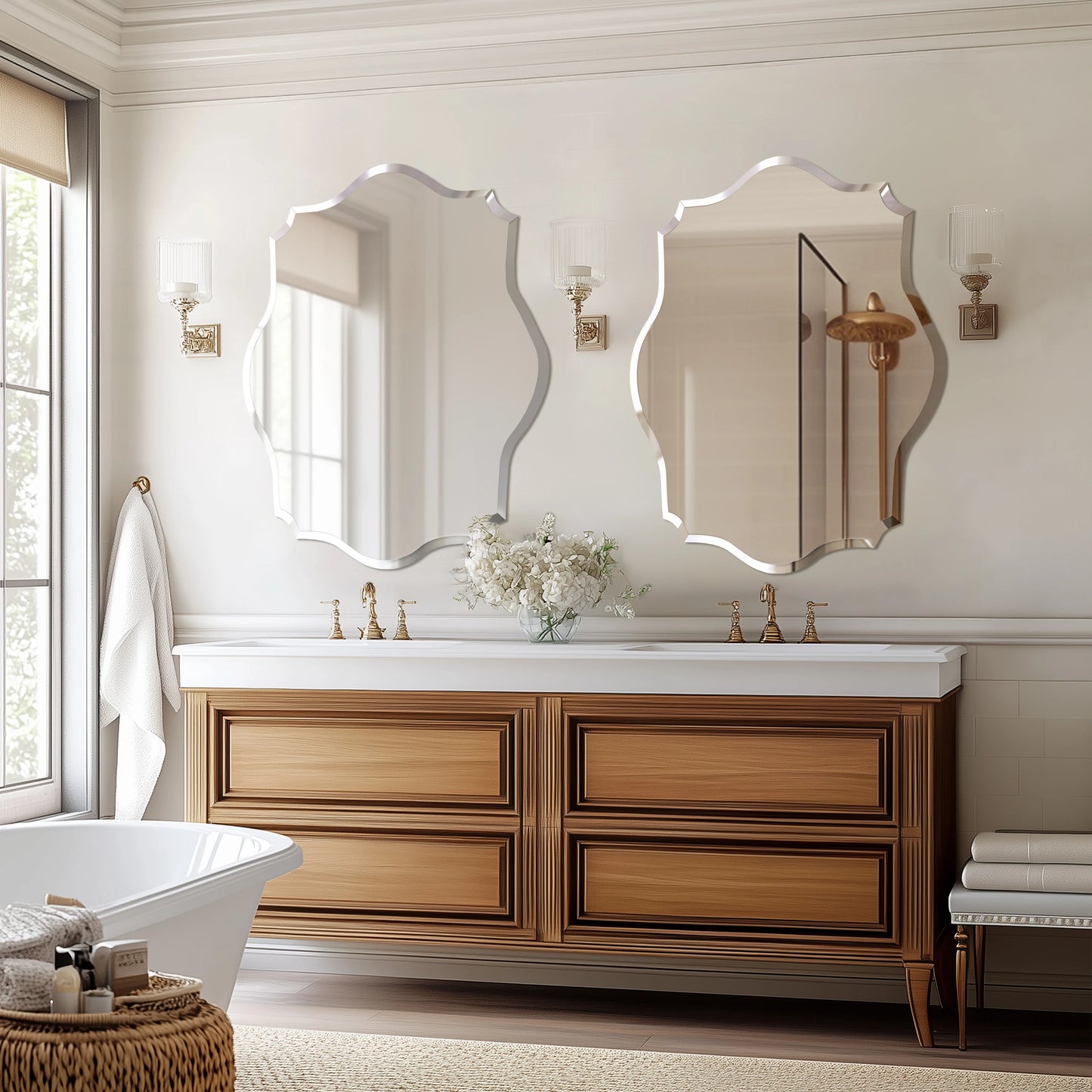 Wisfor Wall Mirror Frameless Scalloped Beveled Edge Polished 60cm Bathroom