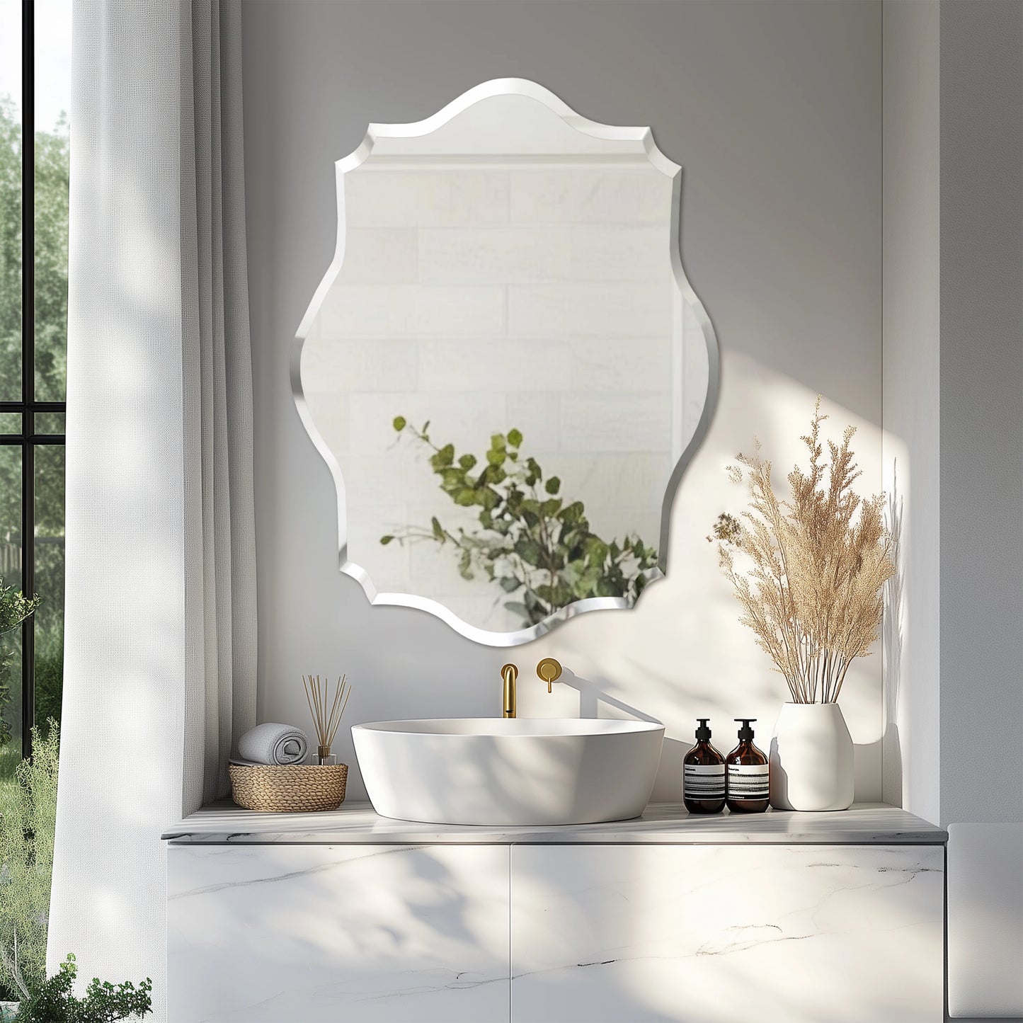 Wisfor Wall Mirror Frameless Scalloped Beveled Edge Polished 60cm Bathroom