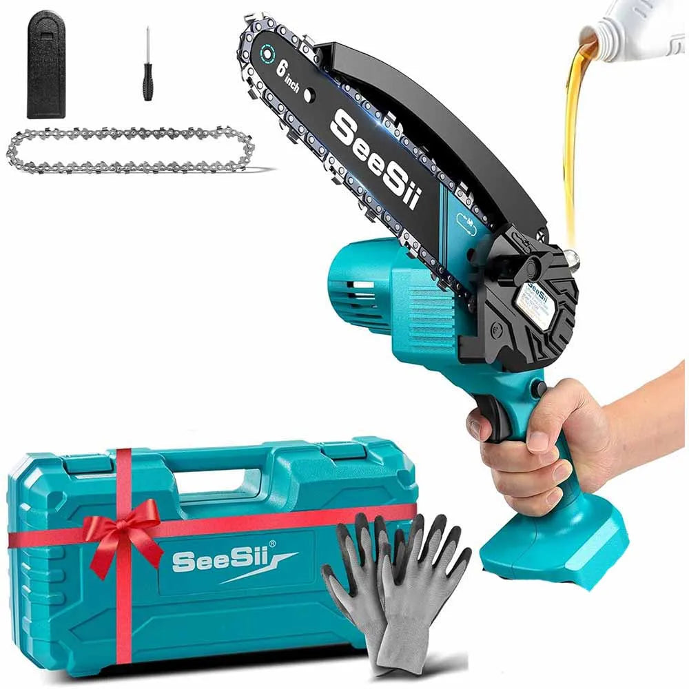 SEESII 6 Inch Cordless Mini Chainsaw 15.2 cm Cutting Depth Electric Saw With 18V Makita Battery Included For Woodworking