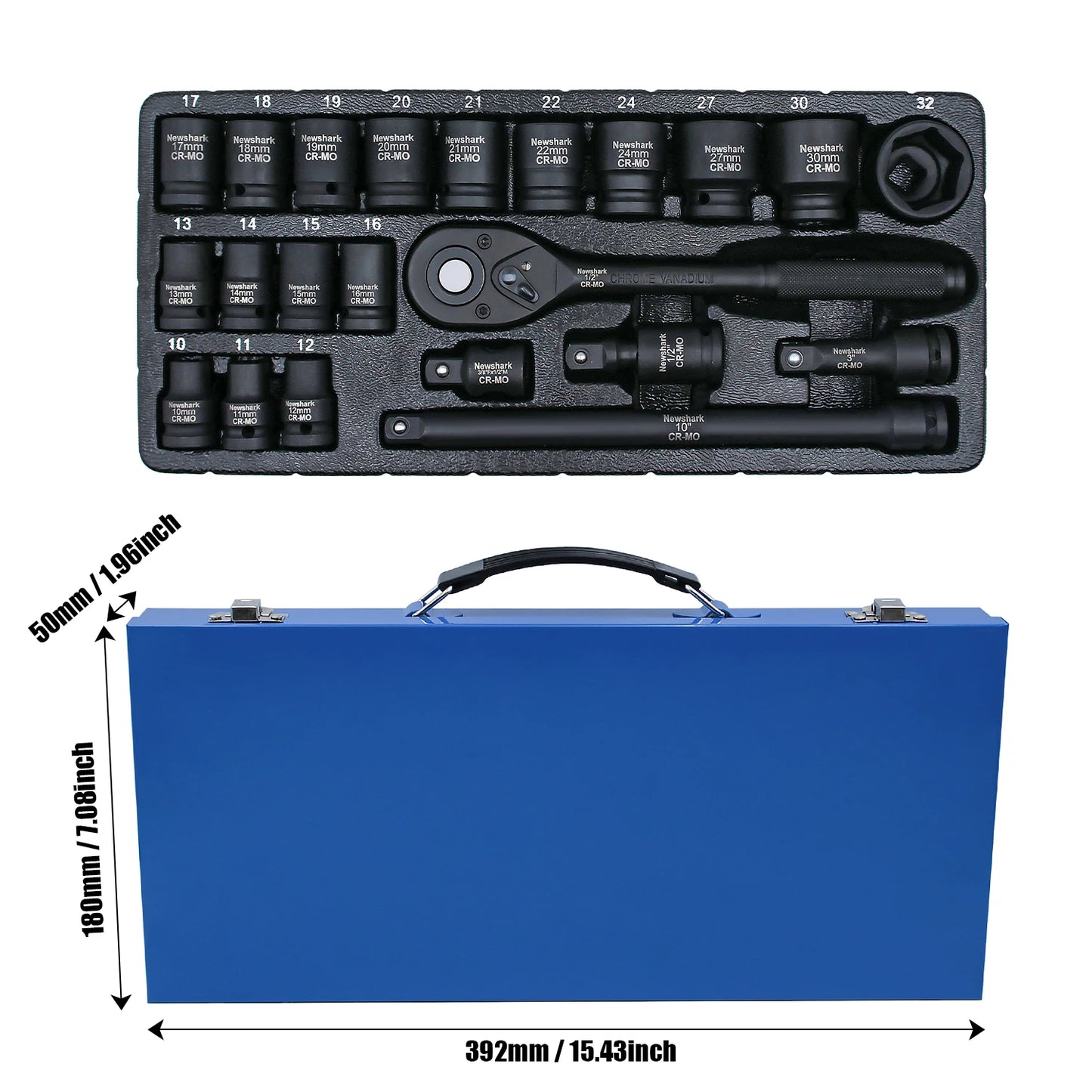 22PCS Drive Socket Wrench Set,1/2-Inch Impact Socket Set,6 Point,Metric Size(10-32mm),Quick Release Ratchet,Repairing Tool