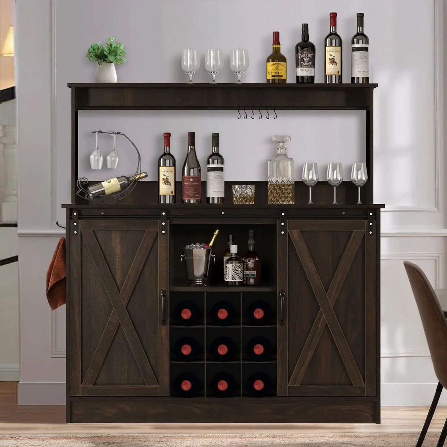 Farmhouse Coffee Bar Cabinet with  Hooks Liquor Wine Bar  Racks Kitchen Buffet Storage Adjustable Shelves for Living Dining Room