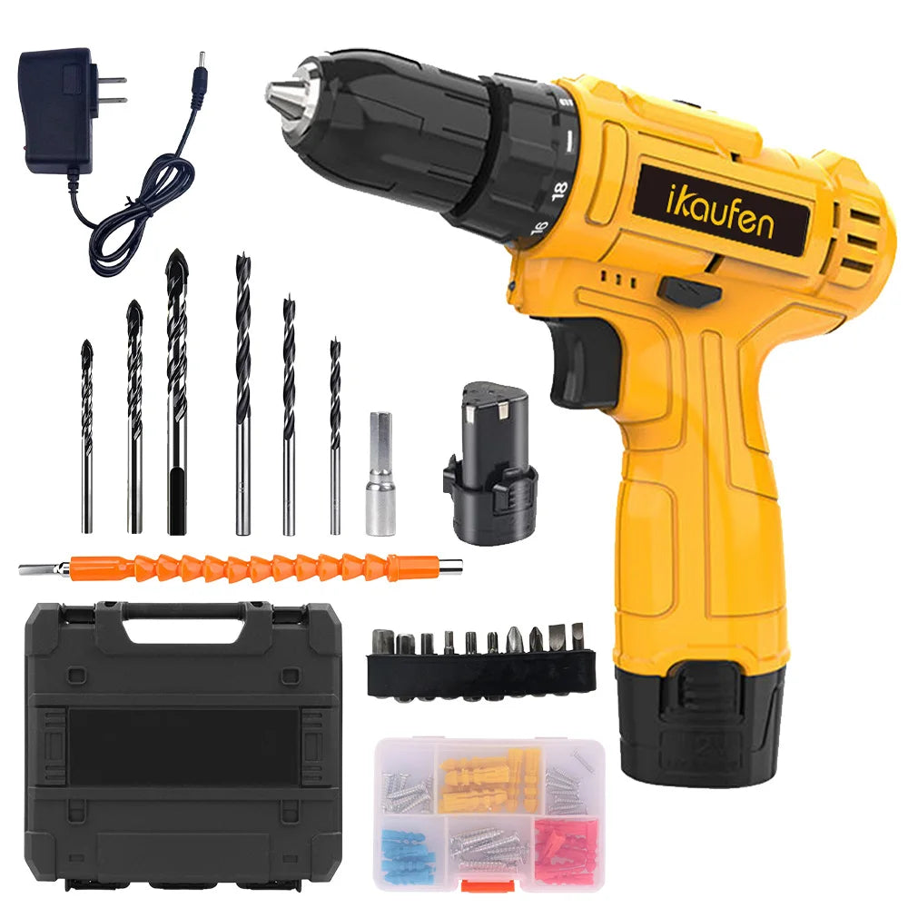 21V Cordless Impact Drill Driver Set Charger Included Electric Screwdriver Tool Kit 3 Variable Speeds 25+1 Torque Settings