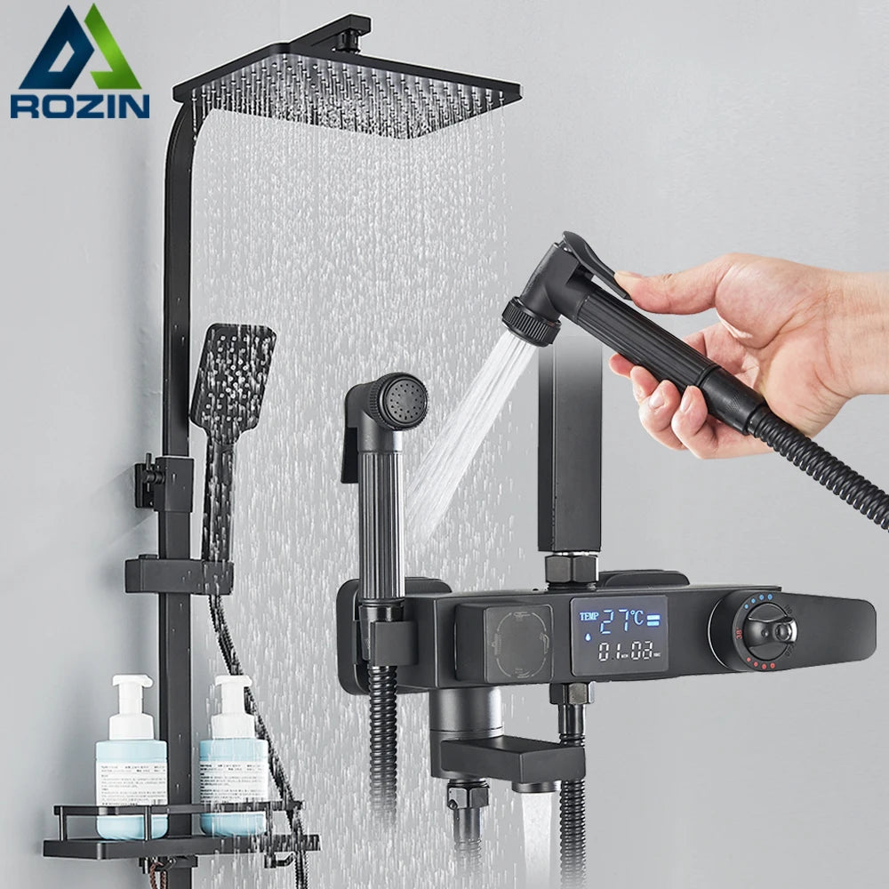 Rozin Black Smart Thermostatic Shower Faucet Set With Digital Mixer Rainfall
