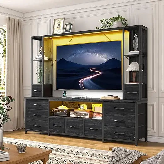 65" TV Stands for Living Room, Large Wall Unit Entertainment Center with 11 Fabric Drawer,Dresser TV Stand with 2 LED Lights &