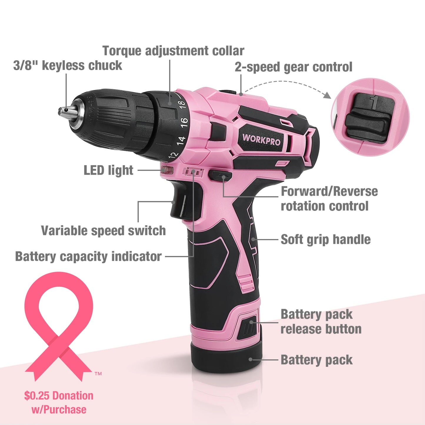 WORKPRO 12V Pink Cordless Electriced Drill Driver Tool Set With 61PCS Home Tool Kit for Home Repair