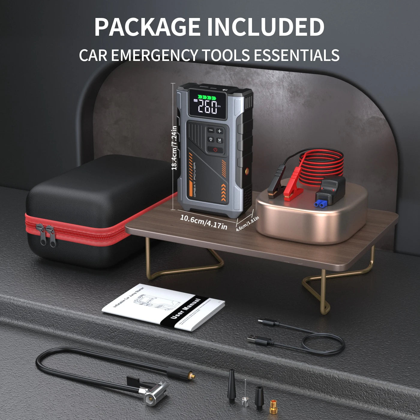 Portable Car Jump Starter With Air Compressor, 3000A Peak(7.5L Gas, 6.5L Diesel) , Jump Starter Battery PackWith150 PSl Tire Inf